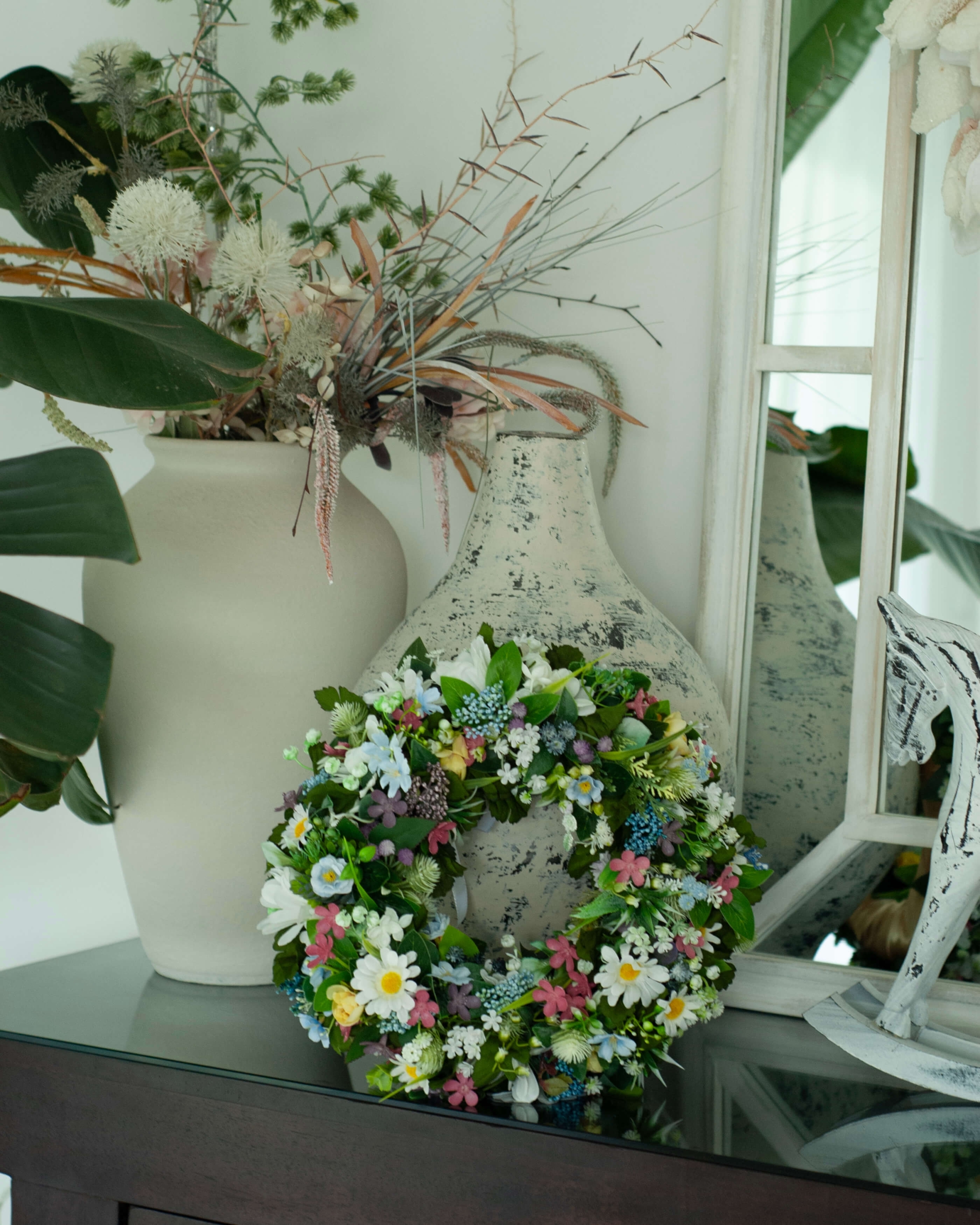 Ręcznie robiony sztuczny zielony wianek Ogród marzeń – dekoracja wnętrza